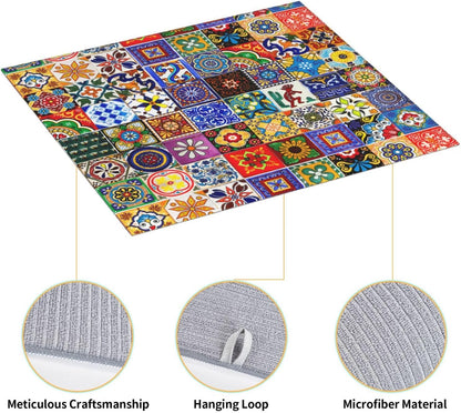 Bohemian Chic Floral Dish Drying Mat, Highly Absorbent Microfiber Kitchen Counter Pad Reusable Washable, 16*18"