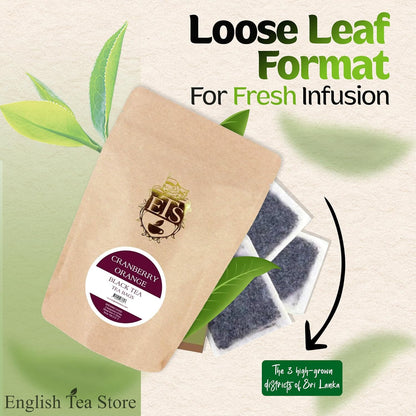 English Tea Store - Cranberry Orange Flavored Black Tea | Tart Cranberry & Sweet Citrus Blend | Natural Fruit Infused | Small Batch Crafted | 25 Teabags Pouch | No Strings or Tags