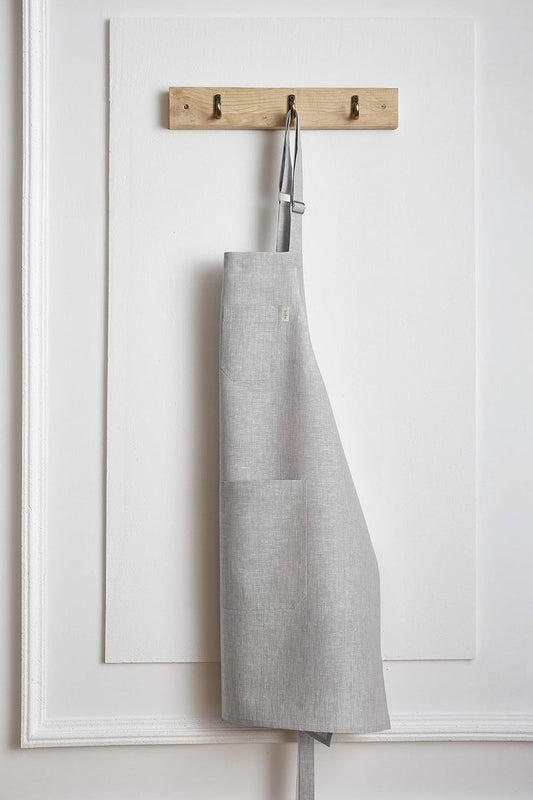 Solino Home Linen Bib Apron for Men & Women - 100% Pure Linen Light Grey Kitchen Apron with Front Pockets - Handcrafted from European Flax