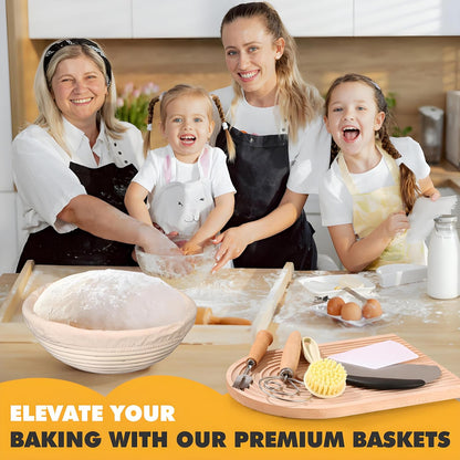 Sourdough Bread Baking Supplies, Sourdough Starter Kit, 9 Inch Round Banneton Basket with Cloth Liners, Dough Scrapers, Dough Whisk, Dough Cutter, Bread Lame for Making Baking Fermentation