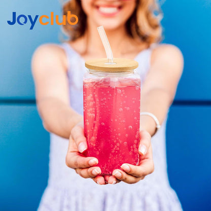 Joyclub Glass Cups with Bamboo Lids and Straws 8 Set 16 oz Reusable Iced Coffee Cup Beer Can Drinking Jars for Smoothie Whiskey Boba Soda Tea Gift