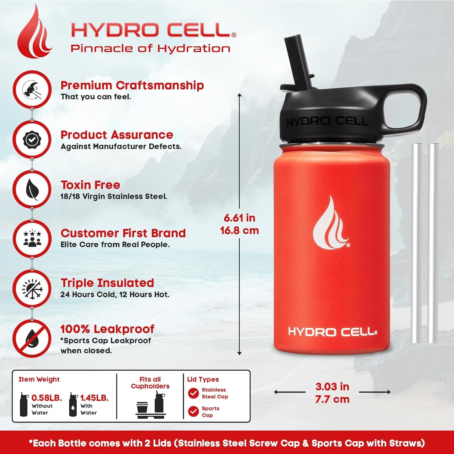 HYDRO CELL Stainless Steel Insulated Water Bottle with Straw - For Cold & Hot Drinks - Metal Vacuum Flask with Screw Cap and Modern Leakproof Sport Thermos for Adults (Mandarin 14oz)