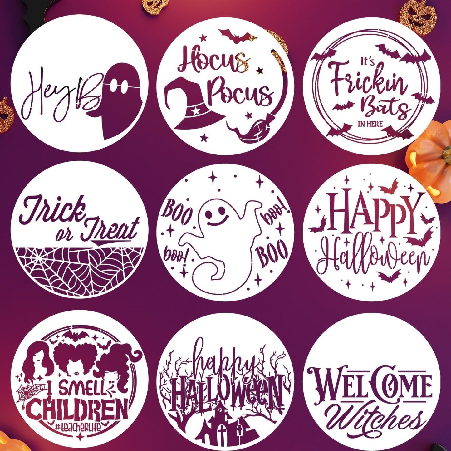 Halloween Stencils for Painting on Wood 12inch Round Halloween Stencil Hocus Pocus Ghost Templates for Wood Fabrics Door Wreath DIY Crafts Decor