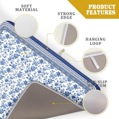 Blue Floral Branches Dish Drying Mat for Kitchen Counter Chinoiserie Pattern Dish Drying Pad 18x24 In Absorbent Vintage Flowers Decor Dishes Drainer Pad Dish Dry Rack Mat for Counter Coffee Bar