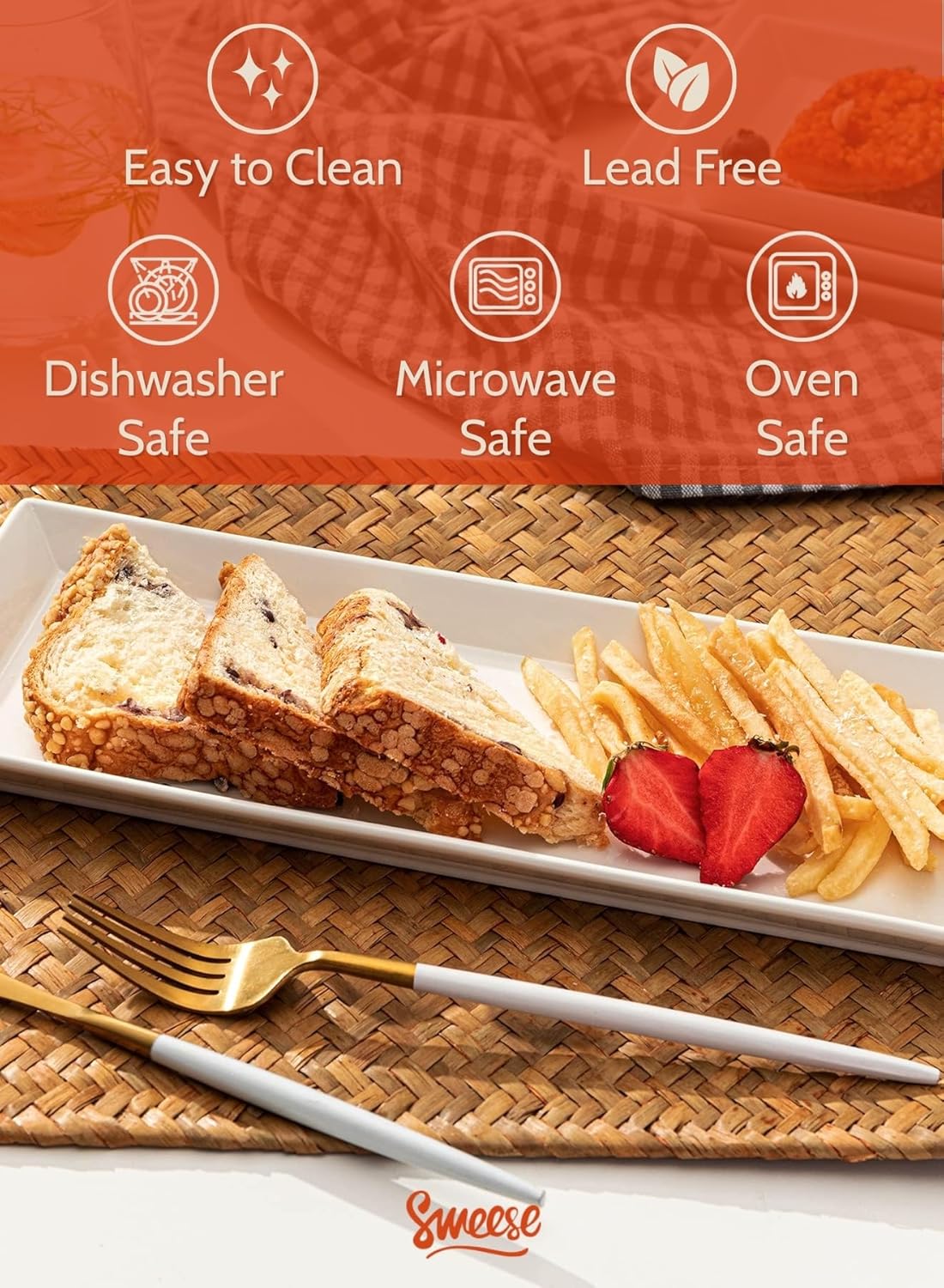 Sweese Porcelain Serving Platters 11.7 Inch - Elegant White Rectangular Plates, Set of 4 for Parties, Sushi, Appetizers