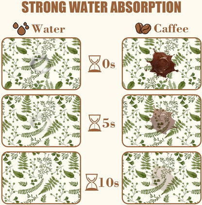 Green Leaf Coffee Mat Herb Dish Drying Mat for Kitchen Counter Hide Stain Rubber Backed Absorbent Coffee Bar Accessories Fit Under Espresso Machine Cafe Table, 11.8 x 19.7 Inch