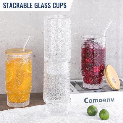 16 Oz Glass Cups Set of 4, Vintage Embossed Floral Glass Tumbler, Iced Coffee Cups with Lid, for Whiskey Cocktail Beer (4 PACK)