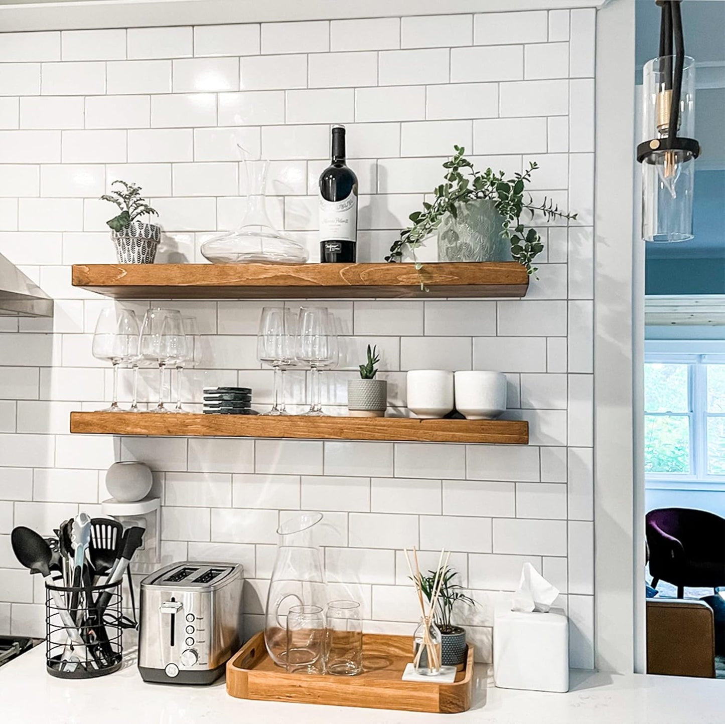 URBANDI, Rustic Floating Shelves, Set of 2, Hidden Bracket, Solid Wood, Heavy Duty, Wall Mounted Shelves, (Brown, 36Wx12D)