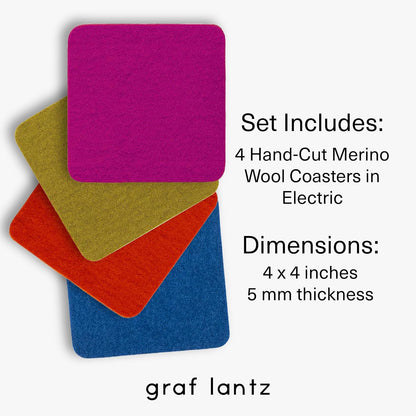 Graf Lantz - Bierfilzl Merino Wool Square Coasters Set of 4 - Electric (4"x4"x5mm) - Absorbs 30% of Weight, Natural German Wool - Heat Resistant, Sustainable, Reusable - Home Decor, Coffee Table Decor