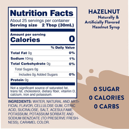 Jordan's Skinny Syrups Sugar Free Coffee Syrup, Hazlenut Flavor Drink Mix, Zero Calorie Flavoring for Chai Latte, Protein Shake, Food and More, Gluten Free, Keto Friendly, 25.4 Fl Oz, 1 Pack