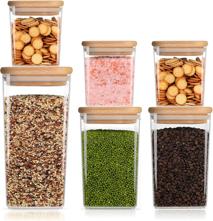 Square Storage Containers with Lids, Clear Food Storage Container Jar with Sealing Bamboo Lid for Noodles Flour Cereal Rice Sugar Tea Coffee Beans