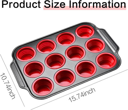 Silicone Muffin Pan, Silicone Cupcake Pan for Baking, 12 Cup Muffin Pans for Oven with Metal Frame, Non Stick Baking Cups with Press To Release Design, Cake Pop Mold, Egg Bites Mold, Red