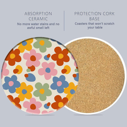 Drink Coasters Set of 6 with Holder, Vintage Groovy Flowers Absorbent Ceramic Drink Coaster for Tabletop Protection,Suitable for Kinds of Cups,Drinks Coasters for Home Office Decoration(4 Inches)