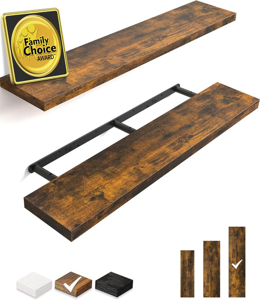 BAYKA Floating Shelves, 48" Wall Mounted Rustic Wood Shelves for Bathroom, Bedroom, Living Room, Kitchen, Office, Hanging Shelf for Books/Storage/Decor(Rustic Brown,Set of 2)