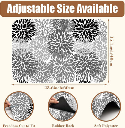 Dish Drying Mat Black and White Chrysanthemum Flower Coffee Bar Absorbent Rubber Backed Hide Stain Dish Drainer Rack Coffee Maker Pot Dining Room Decoration 15.7 x 23.6 Inch