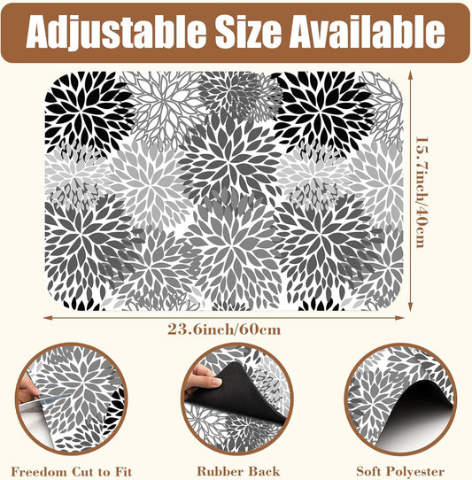 Dish Drying Mat Black and White Chrysanthemum Flower Coffee Bar Absorbent Rubber Backed Hide Stain Dish Drainer Rack Coffee Maker Pot Dining Room Decoration 15.7 x 23.6 Inch