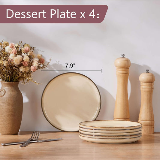 Herogo Ceramic 7.9 Inch Dinner Dessert Plates Set of 6, Small Stoneware Dinnerware Plate Set, Double Reactive Glaze Large Dinnerware Plates for Kitchen, Microwave, Oven & Dishwasher Safe, Cream Khaki