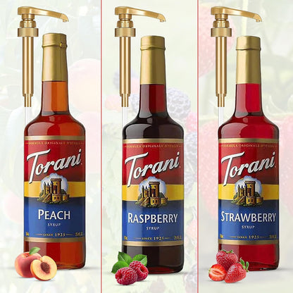 Raspberry, Strawberry, Peach Syrup - Fruit Flavors For Italian Soda Flavoring - 3 Pack with 3 Jimoco Pump Dispensers