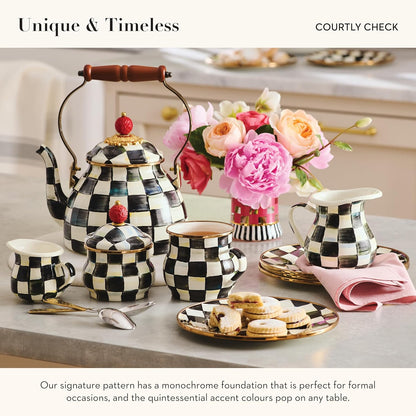 MACKENZIE-CHILDS Enamel Tea Kettle, Stylish Tea Kettle for Stovetop, Black-and-White Courtly Check, 2 Quarts