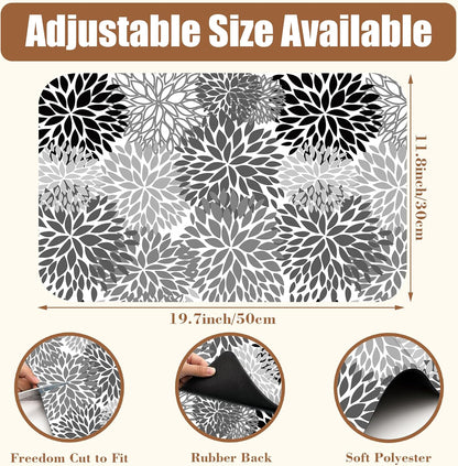 Dish Drying Mat Black and White Chrysanthemum Flower Coffee Bar Mat Absorbent Coffee Mat Rubber Backed Hide Stain Dish Drainer Rack Mat Coffee Maker Coffee Pot Dining Room Decoration 11.8 x 19.7 Inch