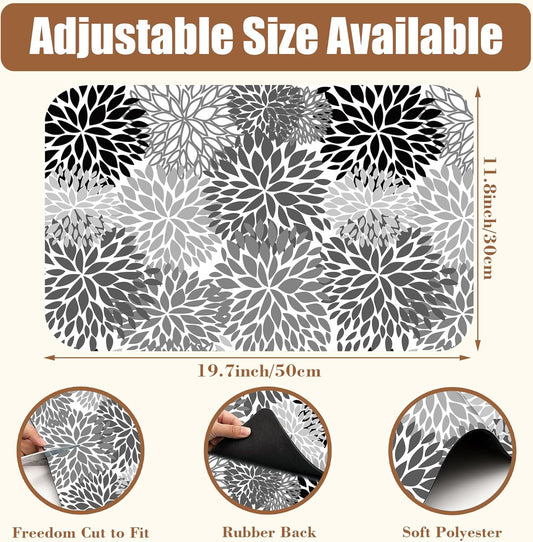 Dish Drying Mat Black and White Chrysanthemum Flower Coffee Bar Mat Absorbent Coffee Mat Rubber Backed Hide Stain Dish Drainer Rack Mat Coffee Maker Coffee Pot Dining Room Decoration 11.8 x 19.7 Inch