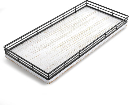 Bathroom Toilet Tank Tray, 13" Wood Toilet Paper Storage Basket Tray Back of Toilet Basket Organizer,Vanity Tray for Perfume Makeup Candle Decor, Black & Farmhouse White