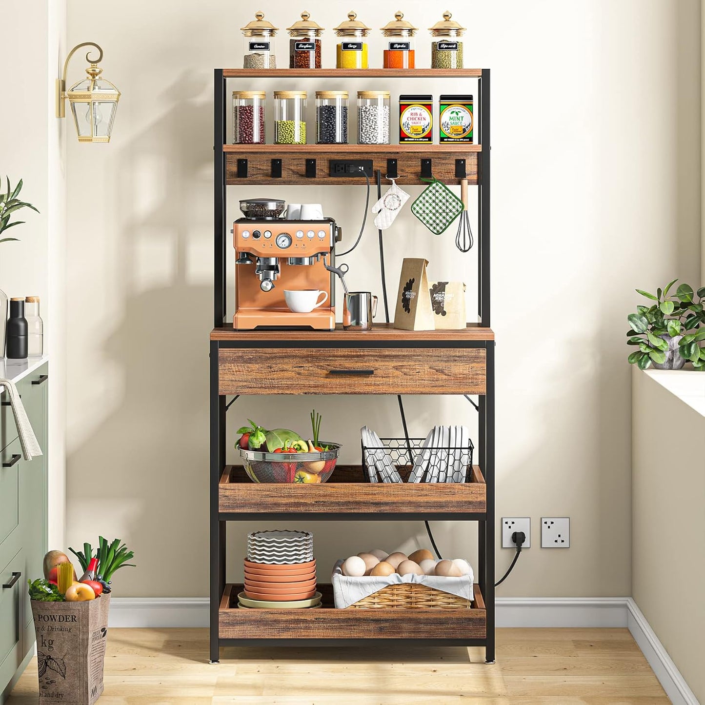 LITTLE TREE Kitchen Baker’s Rack with Power Outlets, Freestanding 5-Tier Microwave Stand with Drawers & Sliding Shelves, Coffee Bar with 6 Hooks for Dining Room Living Room, Rustic Brown
