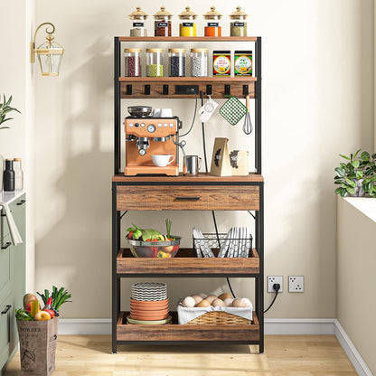 LITTLE TREE Kitchen Baker’s Rack with Power Outlets, Freestanding 5-Tier Microwave Stand with Drawers & Sliding Shelves, Coffee Bar with 6 Hooks for Dining Room Living Room, Rustic Brown