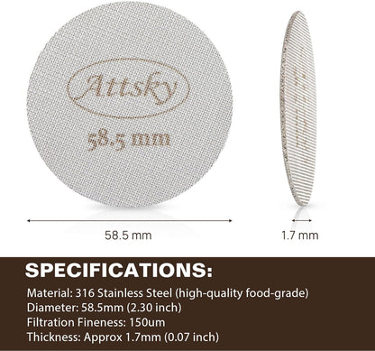 58.5mm Espresso Puck Screen, Espresso Filter for 58mm Portafilter Filter Basket, Reusable Espresso Screen with 1.7mm Thickness 150μm 316 Stainless Steel