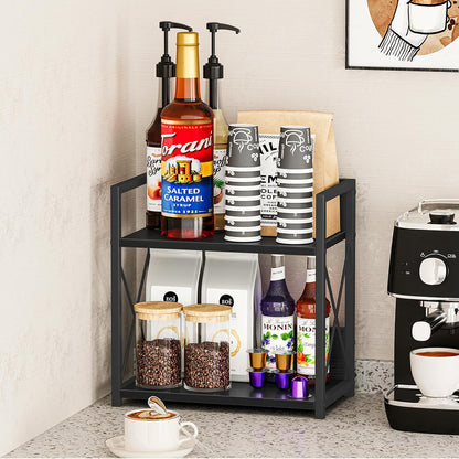 Giikin Countertop Organizer, 2 Tier Coffee Station Organizer for Desktop, Wood Counter Shelf Spice Rack for Kitchen (Black, M)