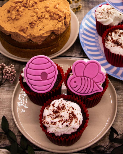 BAKERLOGY Bee Happy - Mini 2" Cookie Cutter & Stamp Set - Cute Bee & BeeHive Design for Easter & Spring Cookies, Cupcakes & Fondant Decorations