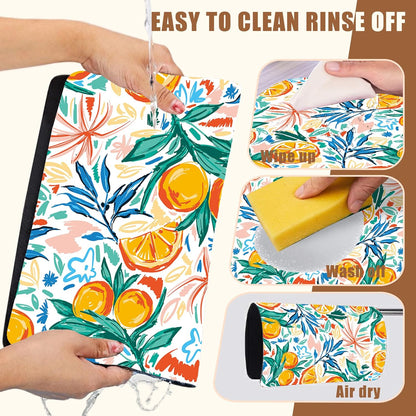 Dish Drying Mat Fruit Orange and Leaves Coffee Bar Mat for Countertop Absorbent Coffee Mat Rubber Backed Hide Stain Dish Drainer Rack Mat Coffee Maker Coffee Pot Dining Room Decor 11.8 x 19.7 Inch
