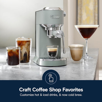 De'Longhi Dedica Duo Compact Espresso Machine - Cold Brew Coffee Maker with Milk Frother Wand- for Espresso, Hot & Iced Coffee, Cappuccinos, Lattes & Home Barista Brewing, Pistachio Green