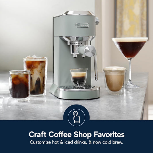 De'Longhi Dedica Duo Compact Espresso Machine - Cold Brew Coffee Maker with Milk Frother Wand- for Espresso, Hot & Iced Coffee, Cappuccinos, Lattes & Home Barista Brewing, Pistachio Green