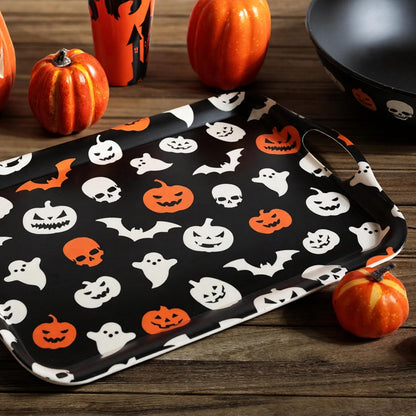 Oasis Choice 2-Pack Halloween Bamboo Fiber Serving Trays - 18x13 Inch Large Platters w/Handles for Horror Party, Birthday,BBQ, Buffet - Pumpkin, Bat & Skeleton Decor (Spooky Black, 18inch)