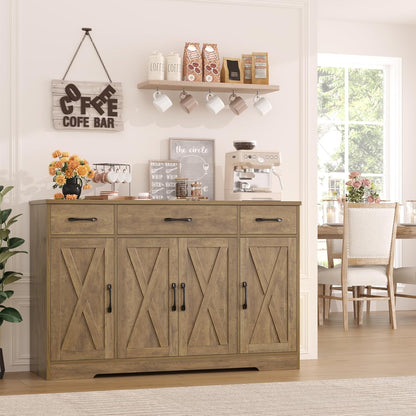 HOSTACK Buffet Sideboard Cabinet with Drawers, 55" Large Buffet Storage Cabinet with Shelves and Doors, Modern Farmhouse Coffee Bar Station Wood Kitchen Table for Kitchen, Dining Room, Rustic Brown