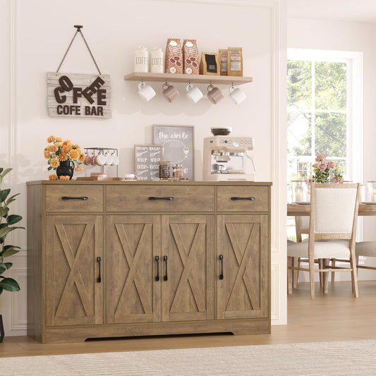HOSTACK Buffet Sideboard Cabinet with Drawers, 55" Large Buffet Storage Cabinet with Shelves and Doors, Modern Farmhouse Coffee Bar Station Wood Kitchen Table for Kitchen, Dining Room, Rustic Brown
