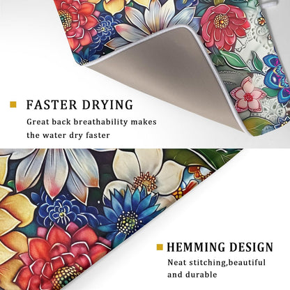 Boho Floral Dish Drying Mat for Kitchen Counter 18x24 Inch Super Absorbent Microfiber Kitchen Drying Mat Bohemian Flower Dish Drainer Rack Mat Reusable Washable Dish Drying Pad for Kitchen Coffee Bar