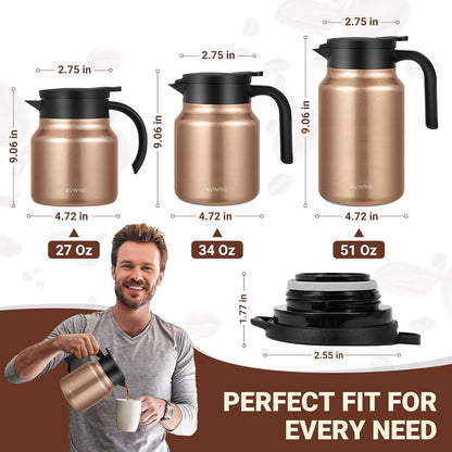 34Oz Thermal Coffee Carafes For Keeping Hot/Cold, Stainless Steel Coffee Carafe, Dustproof Insulated Water Carafe for Party/Home,Copper