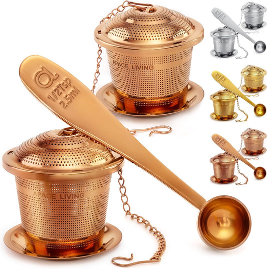 Tea Infuser (Set of 2) with Tea Scoop and Drip Dray - Ultra Fine Tea Strainer for Loose Leaf Tea - Stainless Steel Tea Steeper for a Superior Brewing Experience
