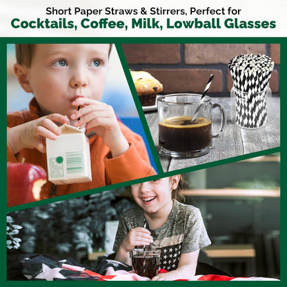[500 Counts] Chunspak 5.75 inch Eco-friendly Disposable Short Paper Drinking Straws Bulk for Cocktail, Mixed Drinks - Black White Striped