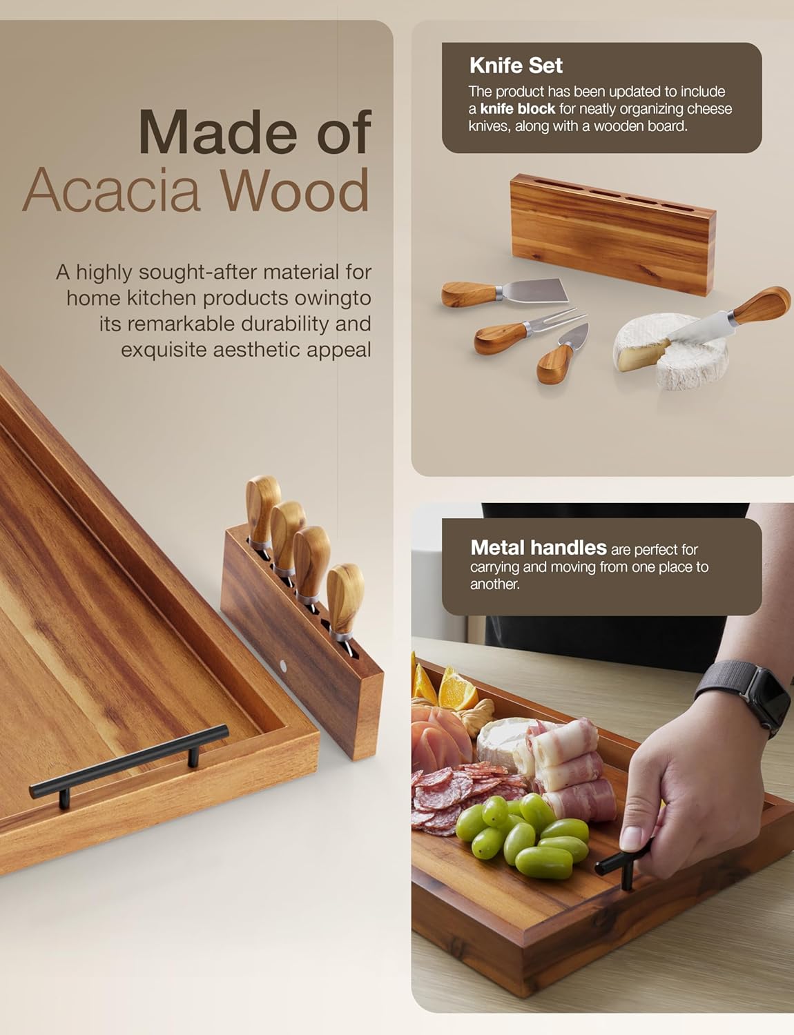 24" Large Charcuterie Tray with Handles, Extra Long Wooden Serving Cheese Boards - Serving Platter for Meat, Party Appetizers, Outdoor & Fruits Display (Acacia Wood)