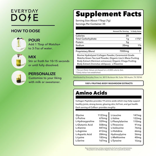 Everyday Dose Mushroom Matcha+ Ceremonial Grade Matcha Powder - Japanese Tea With Grass-Fed Collagen, Lion's Mane, Chaga, L-Theanine - For Better Focus, Energy, Digestion and Immunity - 30 Servings
