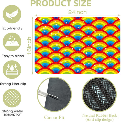 Kitchen Mat Rainbow Half Circle Star Dish Drying Mat 16"x24" Bsorbent Coffee Maker Mat for Sink Dishes or Under Rack Kitchen Counter Accessories Absorbent Hide Stain Rubber Backed Dish Drying Pad