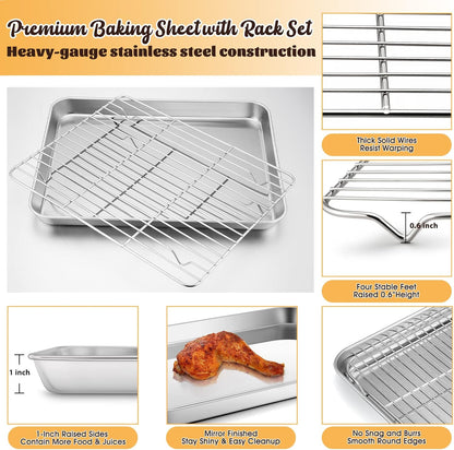 Stainless Steel Baking Sheet with Rack Set, E-far 12.4”x9.7” Cookie Sheet Broiling Pan for Oven, Rimmed Metal Tray with Wire Rack for Cooking/Baking/Cooling/Bacon, Non-toxic & Dishwasher Safe