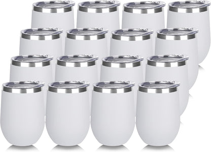 DOMICARE Stainless Steel Wine Tumbler Bulk with Lid, Personalized White Insulated Tumblers Set, 12oz Travel Coffee Cups Pack of 16