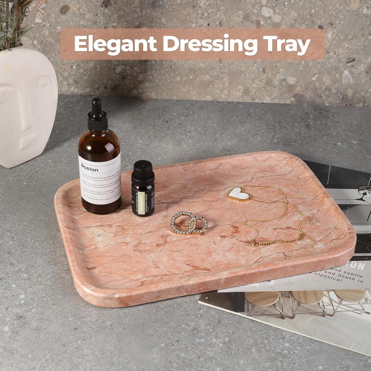 Marble Vanity Tray, Bathroom Tray for Countertop, Decoration Dresser Organizer, Perfume, Jewelry Holder, Red Stone Serving for Kitchen Sink Storage(Spring Rose)