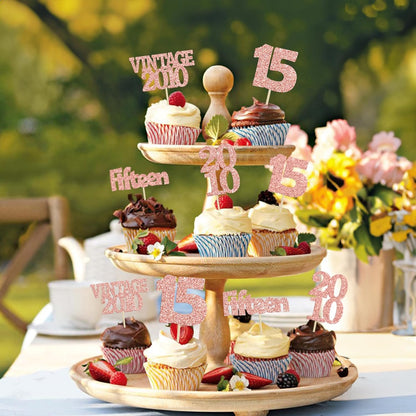 Gyufise 24Pcs 15th Birthday Cupcake Toppers Glitter Fifteen Vintage 2010 Hello 15 Years Birthday Cupcake Picks Sweet 15 Cake Decorations for Happy 15th Anniversary Party Supplies Rose Gold