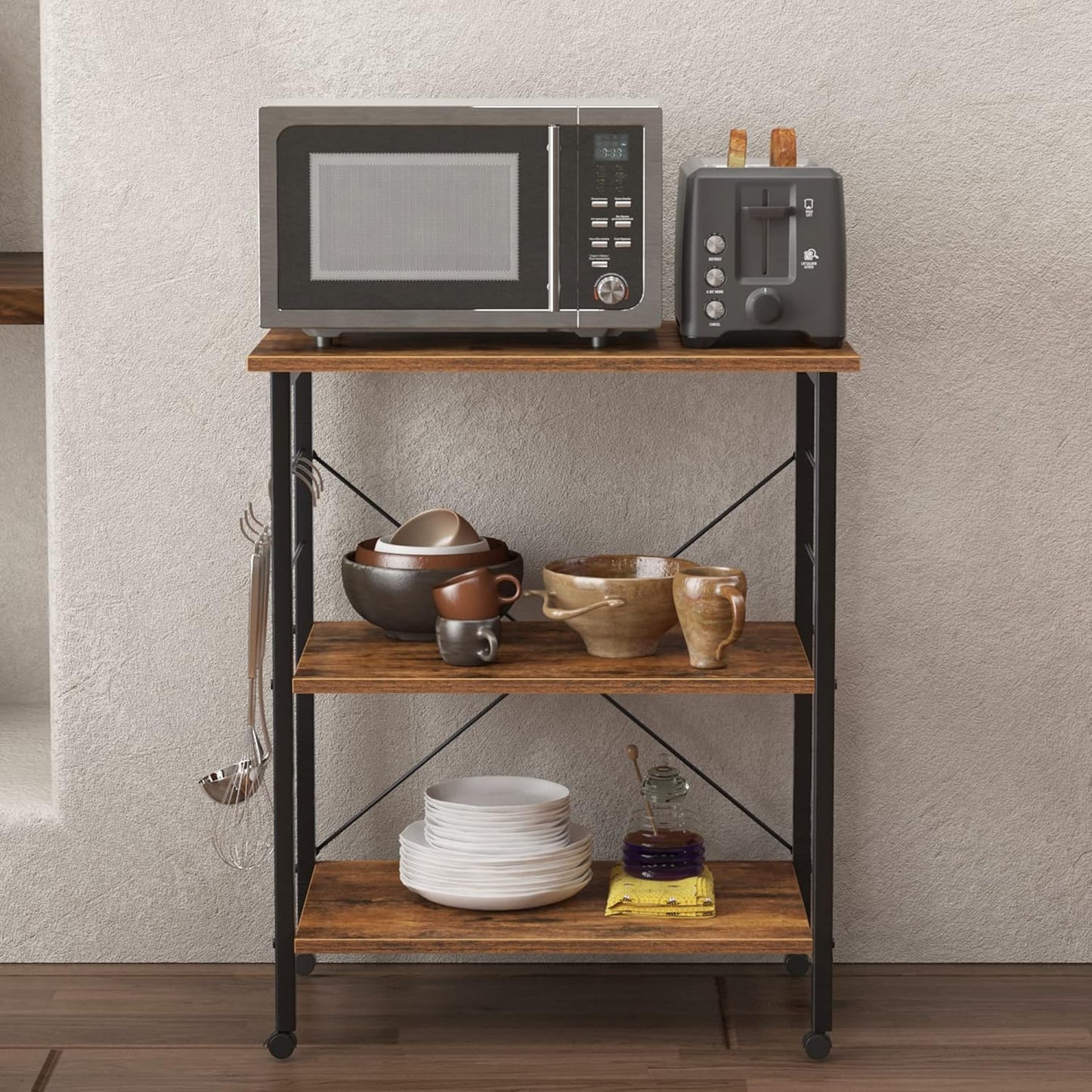 DlandHome Microwave Cart Stand 23.6 inches, 3-Tier Kitchen Baker's Rack Utility Storage Shelf Microwave Stand for Kitchen Organizer Workstation Shelf (Retro)