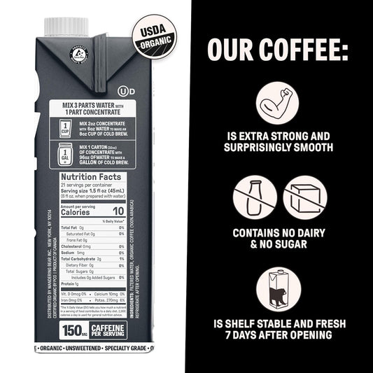 Wandering Bear Organic Unsweetened Extra Strong Cold Brew in a Box Coffee, Shelf-Stable, 21 Servings, Ideal for Wandering Black Concentrate